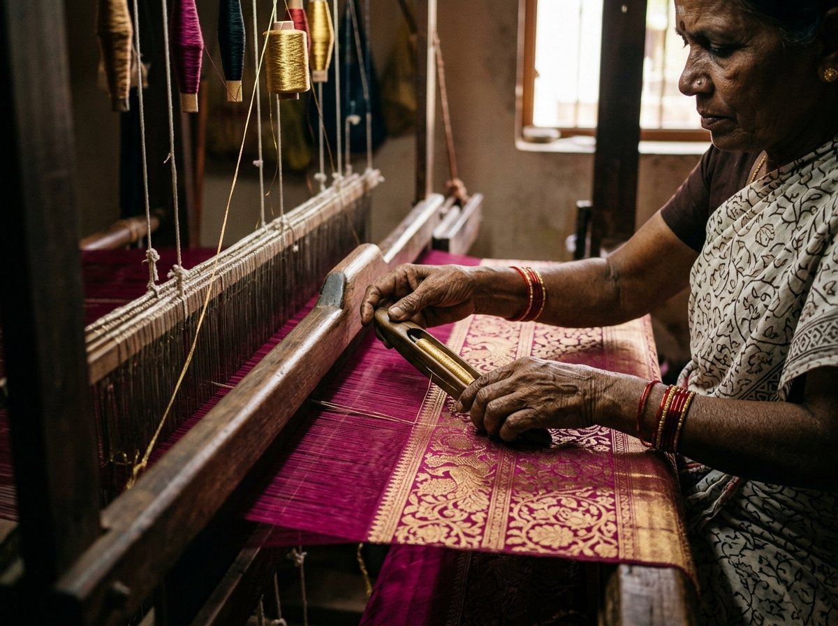 Weaving fine gold zari border on Kanchipuram silk saree on traditional loom