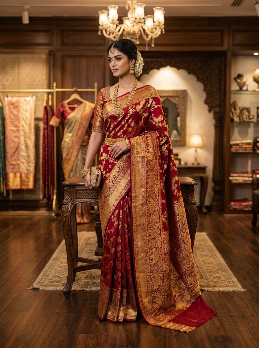 Exquisite heavy gold zari red wedding silk saree model display