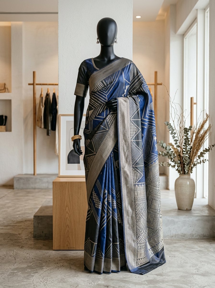 Indigo modern designer silk saree mannequin details