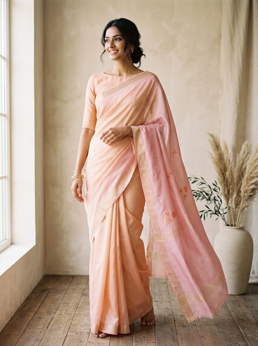 Pastel pink soft silk saree model close-up drape