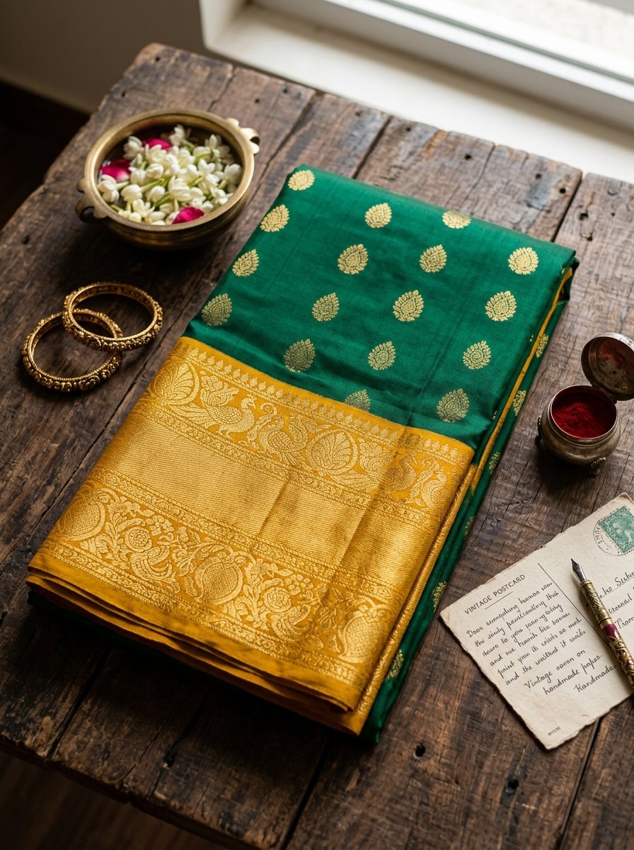 Beautiful traditional green and yellow silk saree flatlay