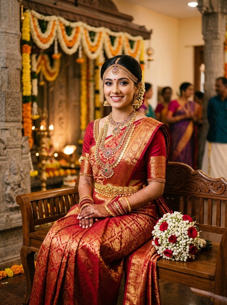Beautiful South Indian bride draped in premium wedding silk saree