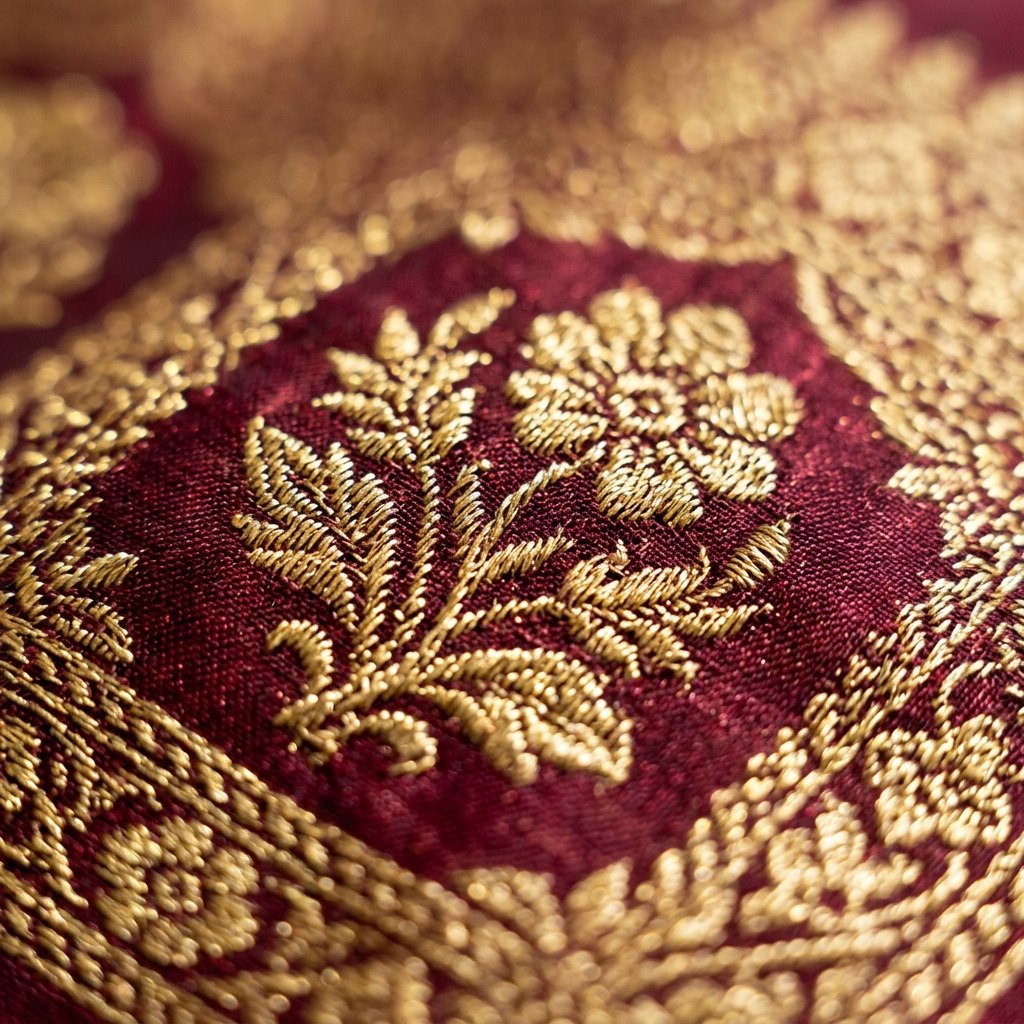 Macro detail photography of gold zari threads weaving pattern