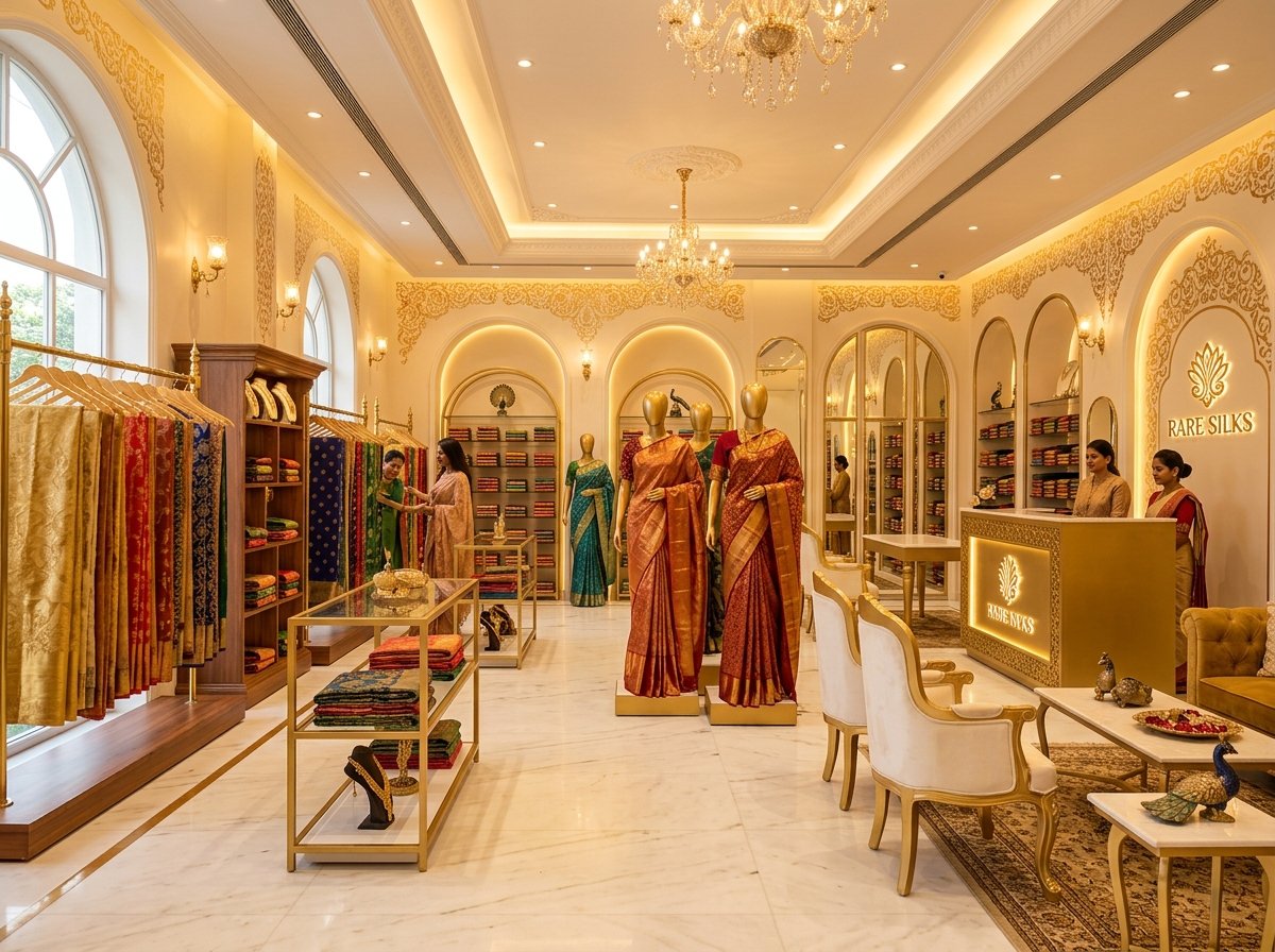 Luxury showroom interior displays with organized silk collections