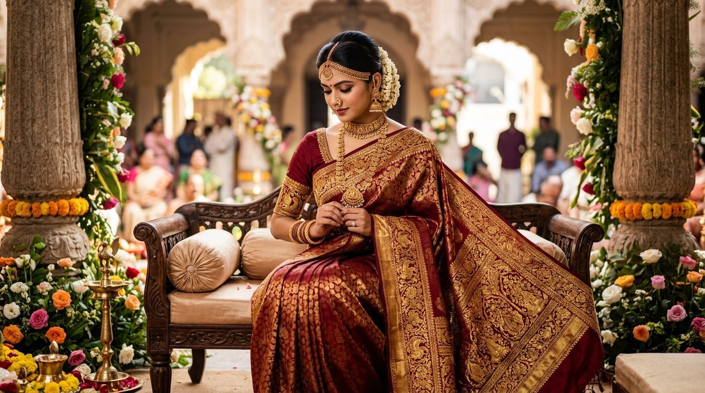 Beautiful detailed gold brocade and burgundy bridal silk saree backdrop