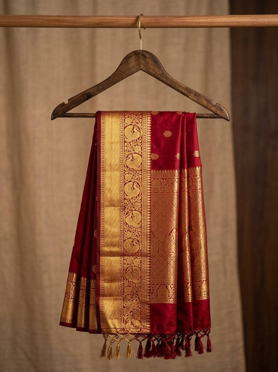 A premium Crimson Kanchipuram bridal silk saree with thick gold zari border display