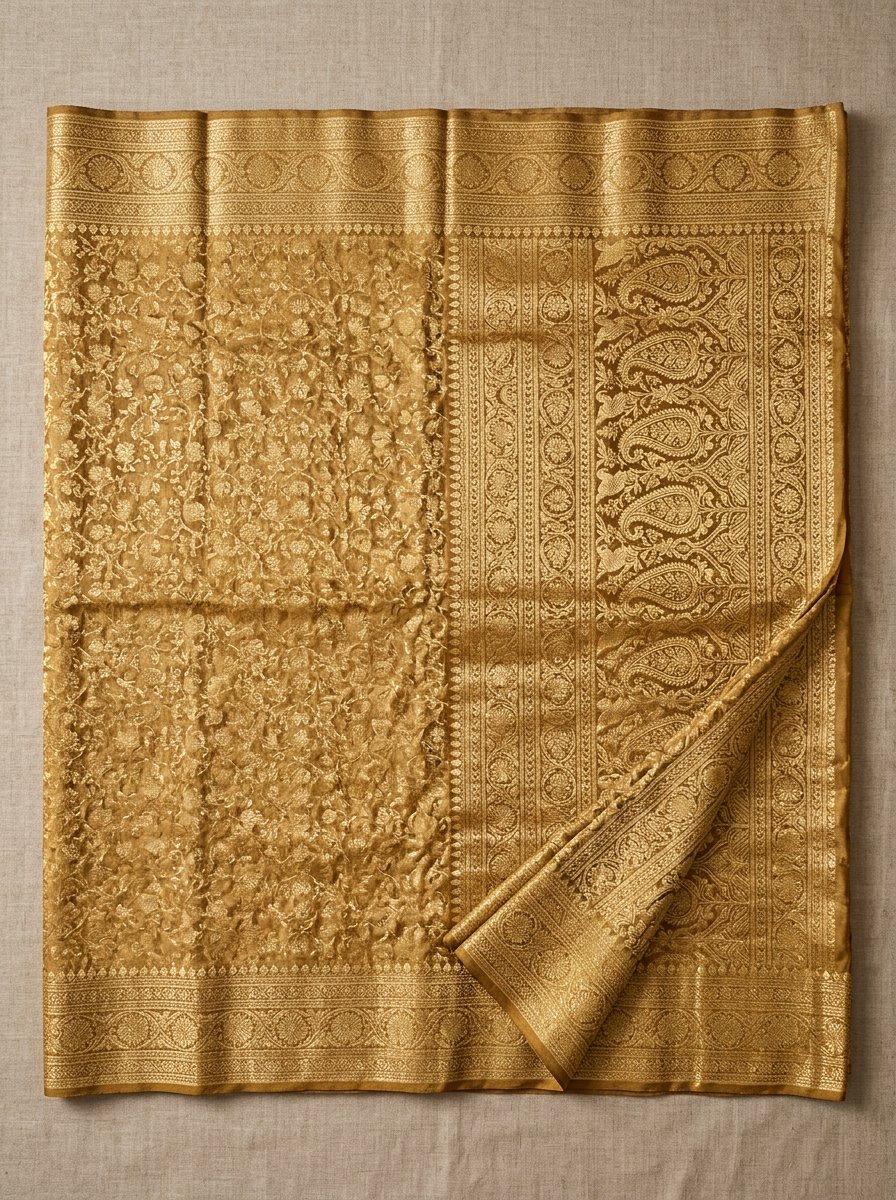 A premium gold brocade flatlay textile shot showing fine weaving detail