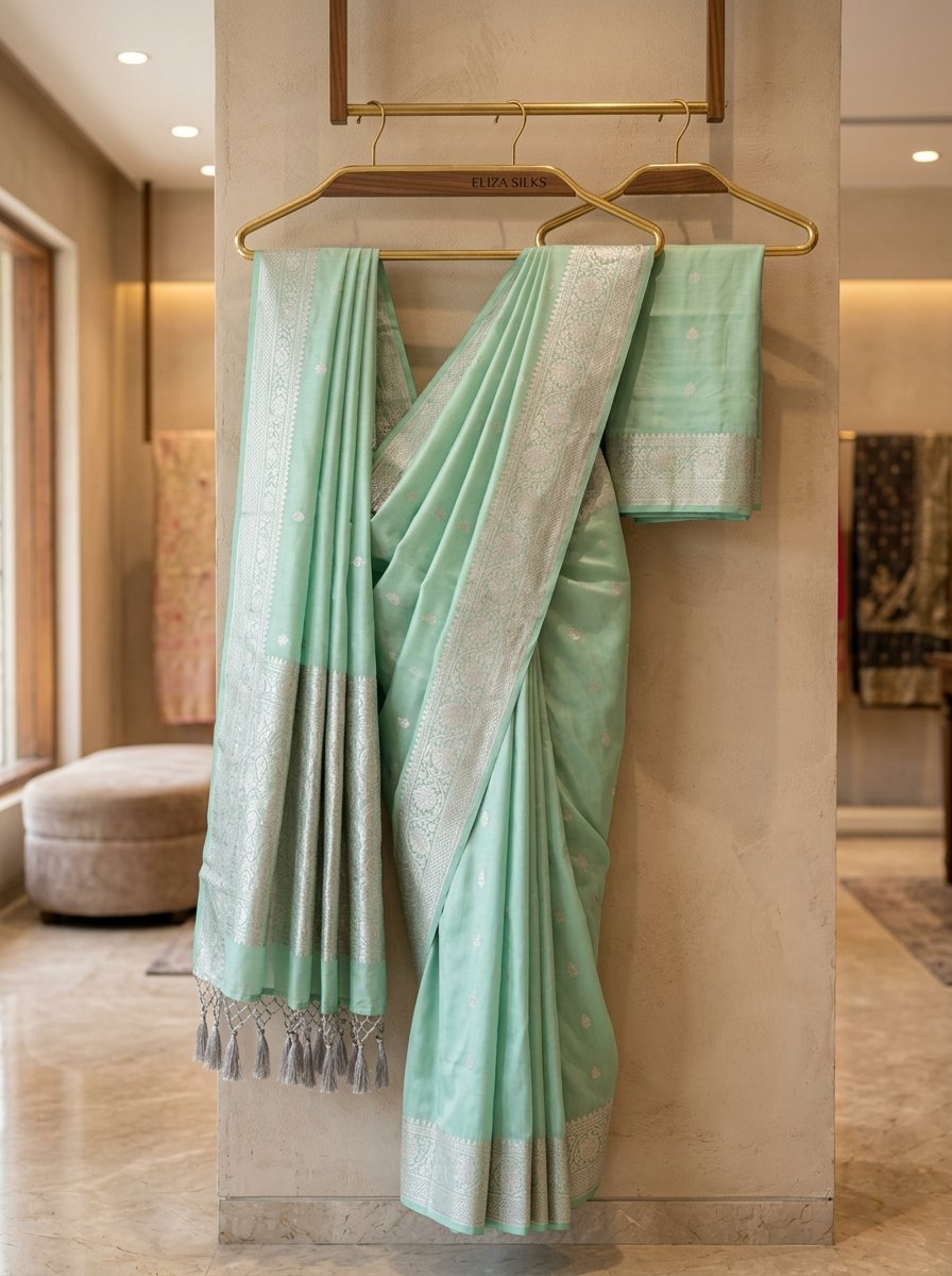 A lightweight pastel mint green soft silk saree display details