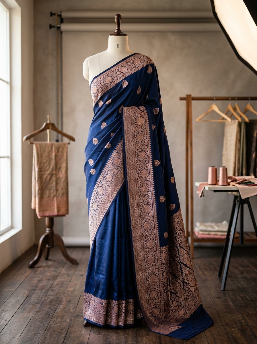 A modern designer midnight blue silk saree drape details