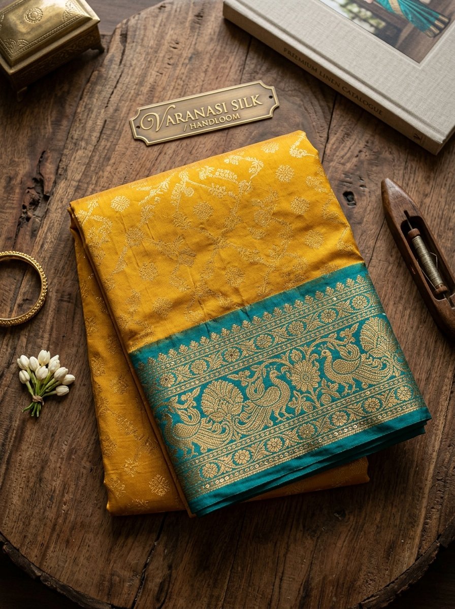 Traditional mustard and teal green Kanchipuram silk saree folded detailing