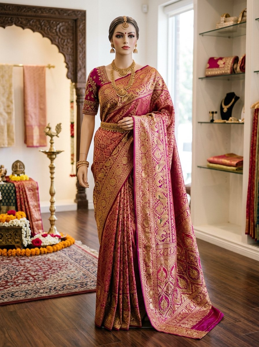 A premium Muhurtham wedding rosewood pink silk saree display